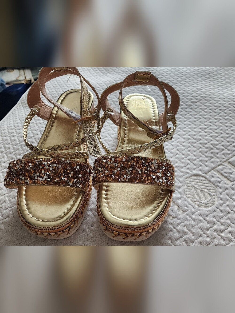 Gold Sequin Platform Sandals with Braided Detail